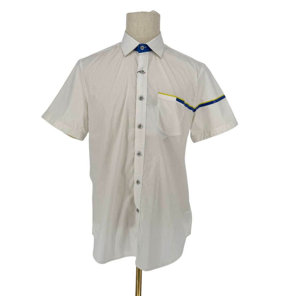 Robert Graham Button Front Short Sleeve Shirt White Sporty Technical Stripe M